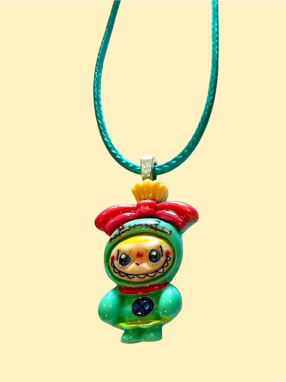 Kids Red & green Labubu Charm Necklace - on cord with extender.